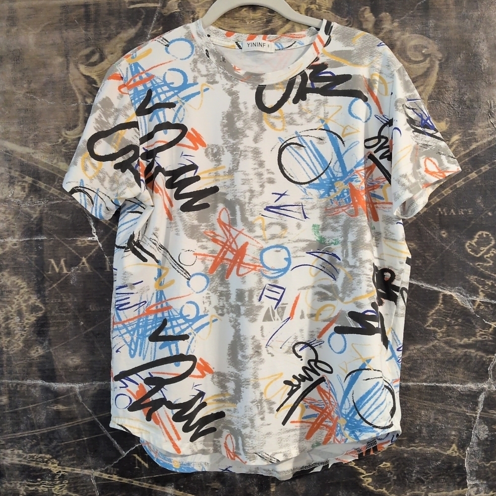 YININF Men’s Graffiti Streetwear T-Shirt Multi Color All Over Print Small JBHS - Picture 1 of 4